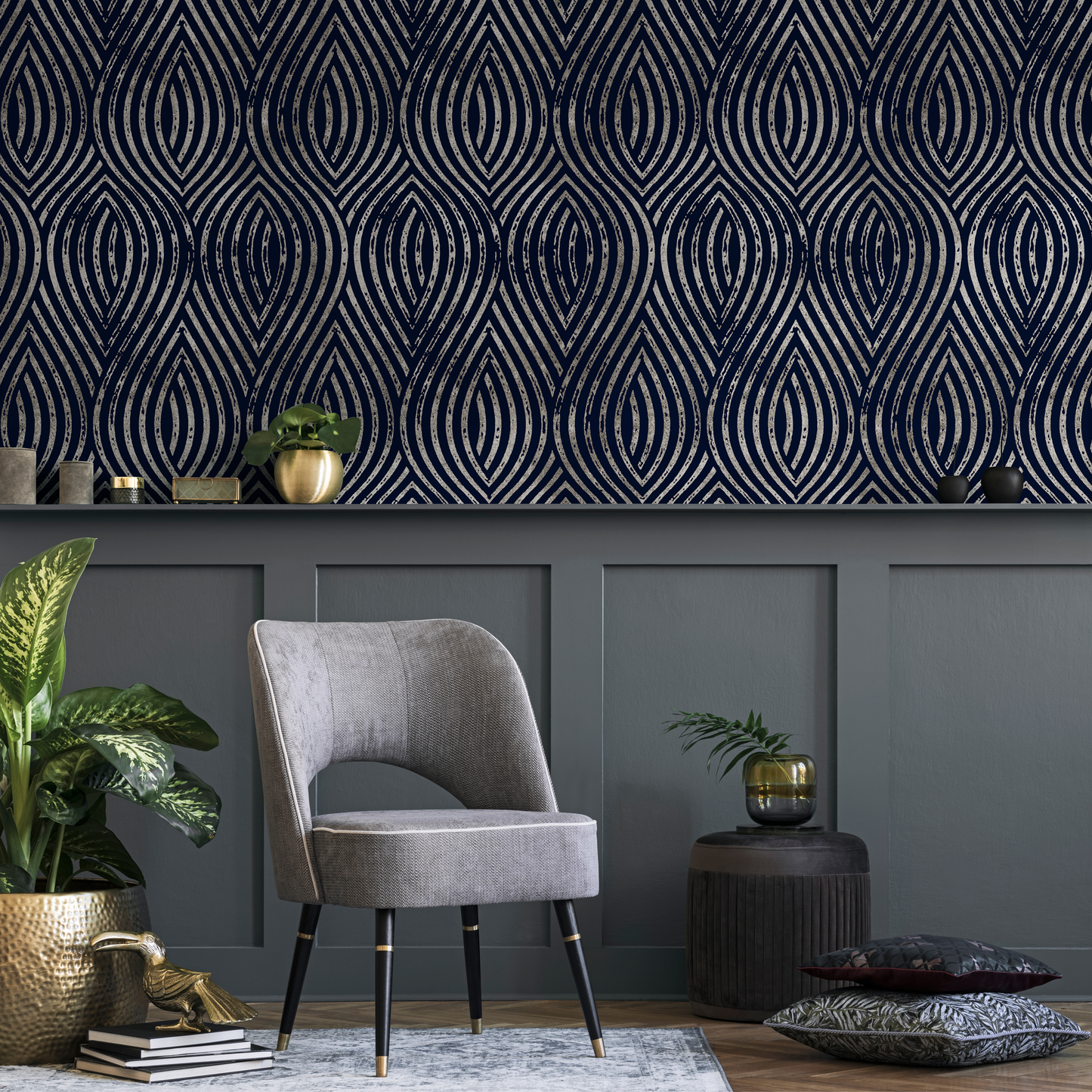 Navy and Silver Modern Wallpaper / Peel and Stick Wallpaper Removable Wallpaper Home Decor Wall Art Wall Decor Room Decor - C877