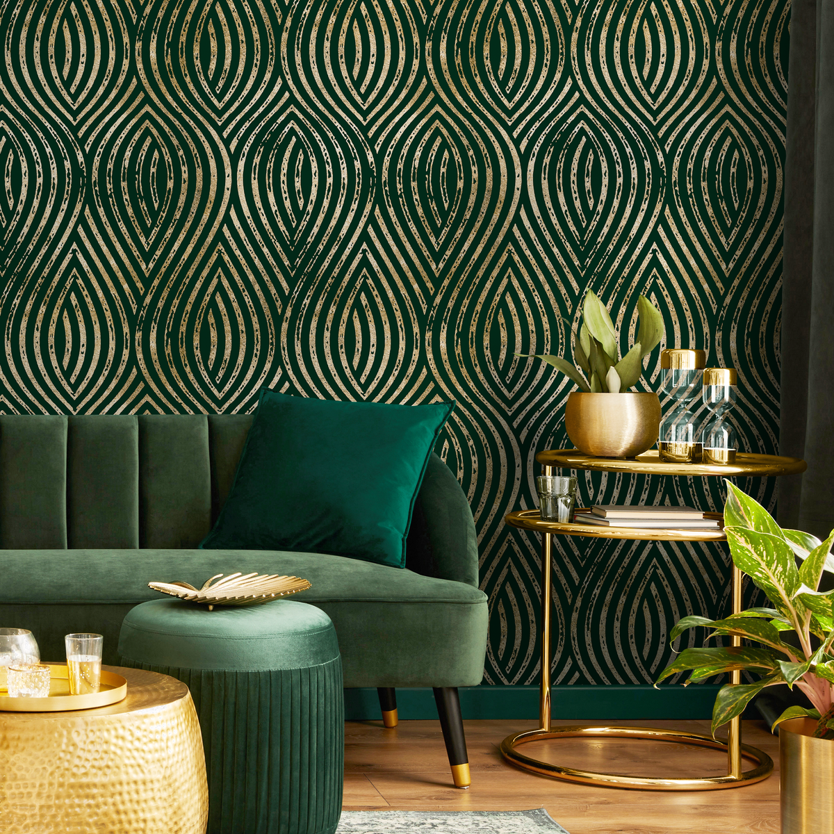 Art Deco Wallpaper with Distressed Gold Arches in Green and Gold - detail view