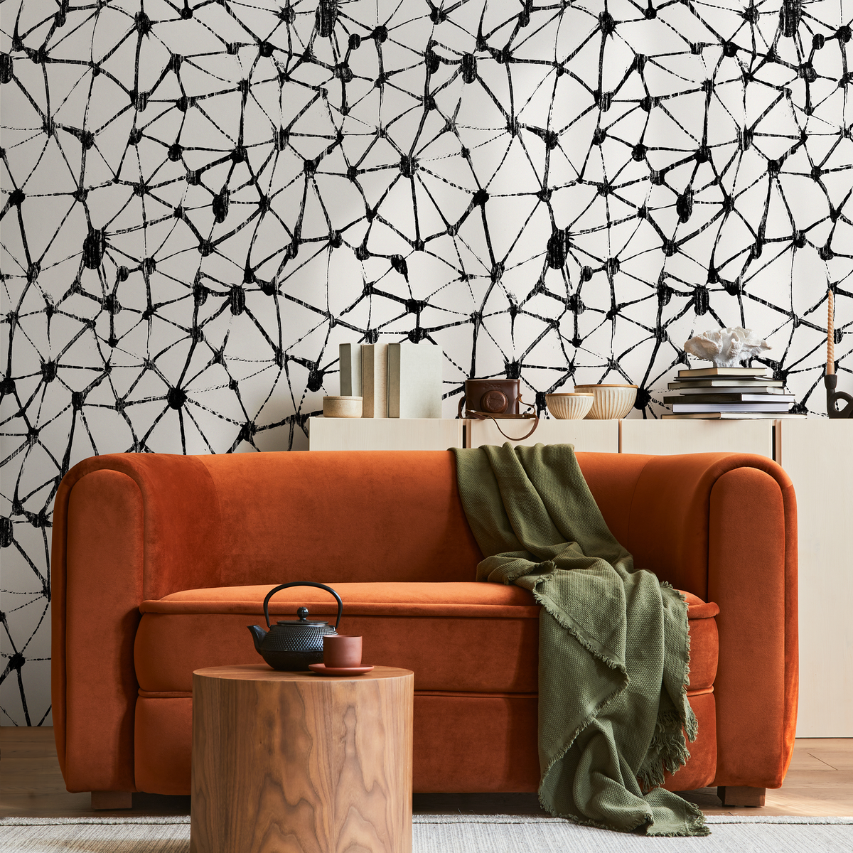 Abstract Wallpaper with a Hand-Drawn Network Motif in Black and White - detail view