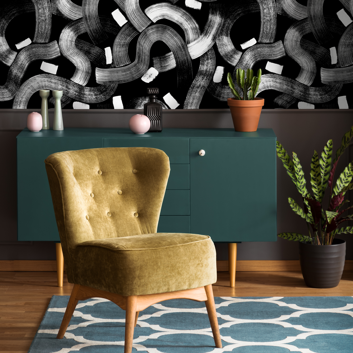 Abstract Wallpaper featuring Flowing Brushstrokes in Black and White - detail view