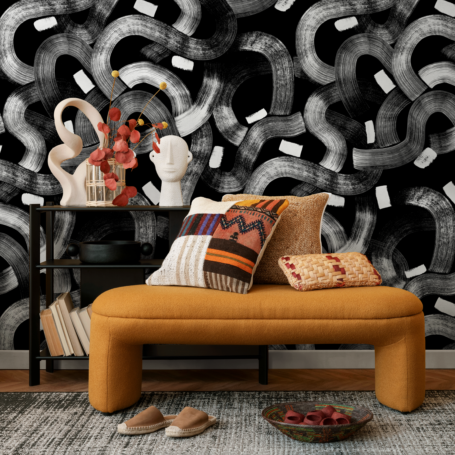Papier peint noir et blanc à motif pinceau / Papier peint autocollant amovible Décoration d'intérieur Art mural Décoration murale Décoration de chambre - C881