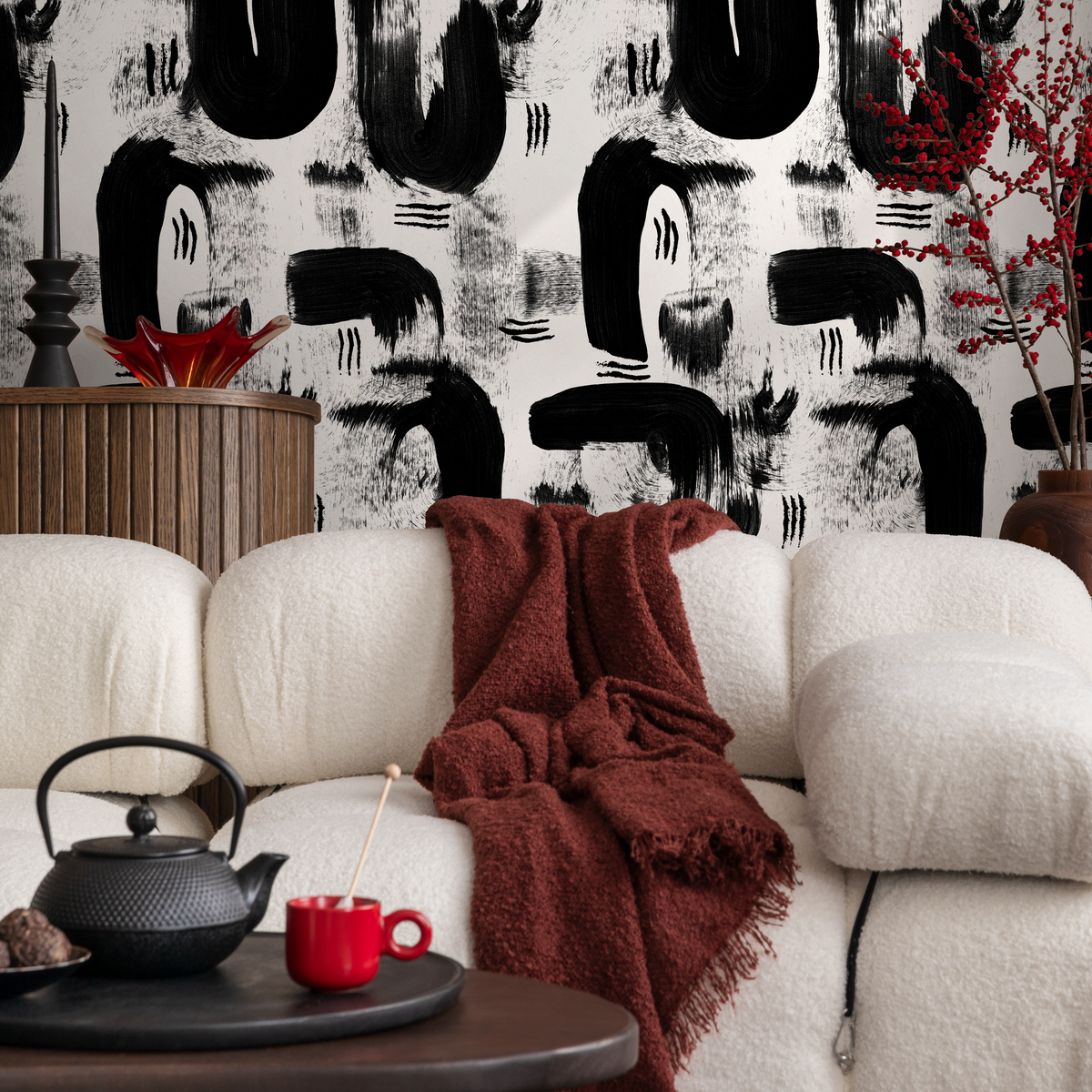 Modern Abstract Wallpaper with Painterly Brushstrokes in Black and White - detail view