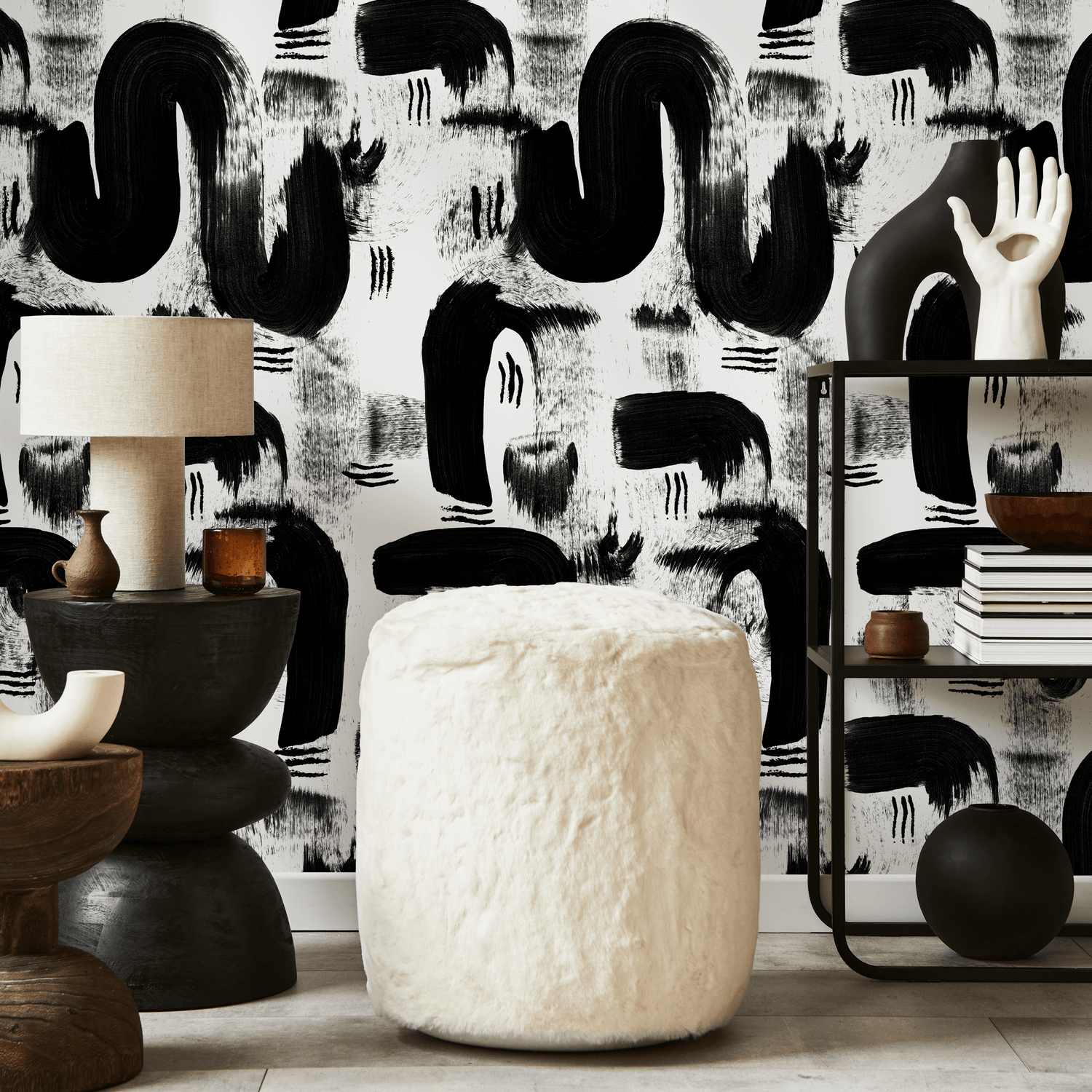 Papier peint abstrait noir et blanc au motif pinceau / Papier peint autocollant amovible Décoration d'intérieur Art mural Décoration murale Décoration de chambre - C882