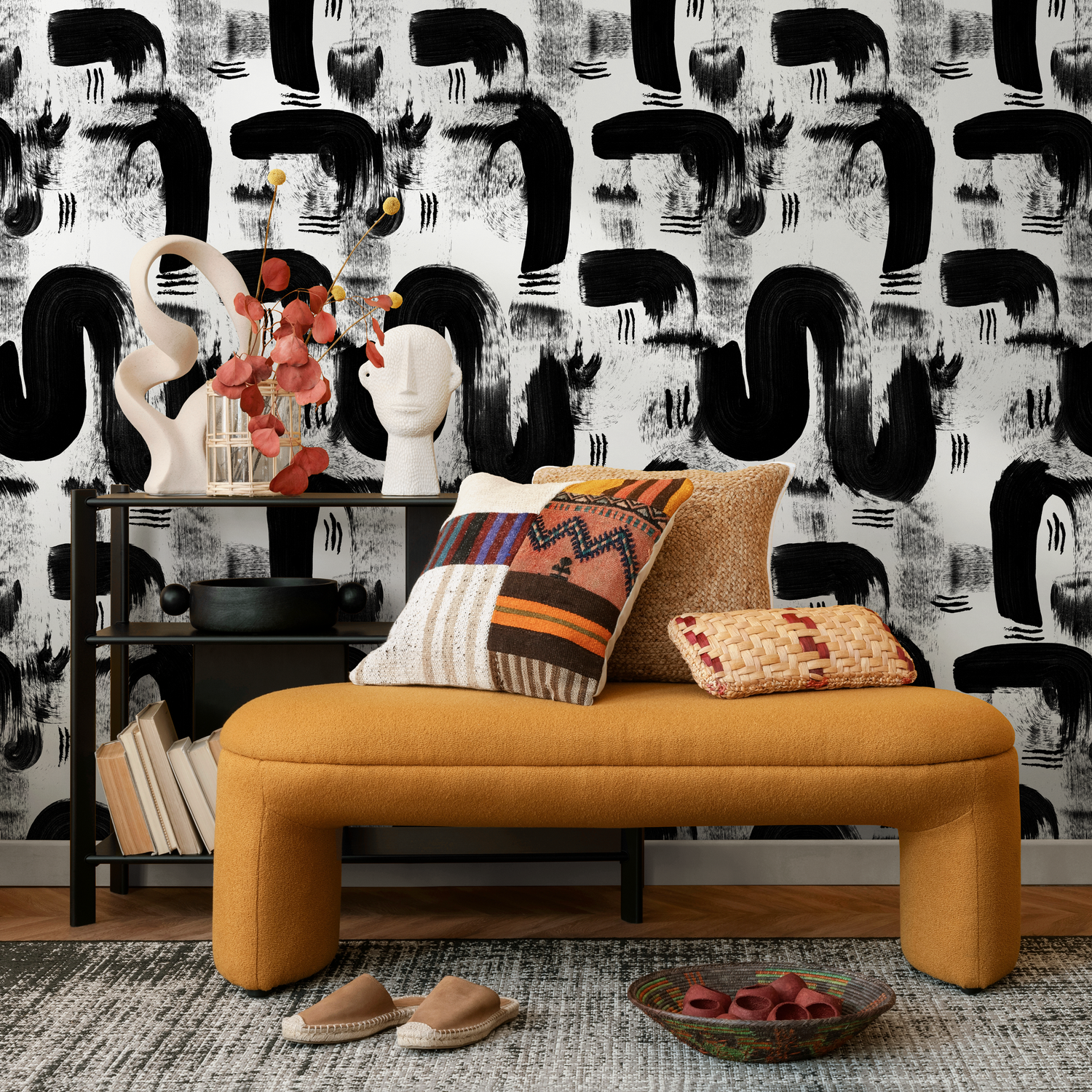 Papier peint abstrait noir et blanc au motif pinceau / Papier peint autocollant amovible Décoration d'intérieur Art mural Décoration murale Décoration de chambre - C882