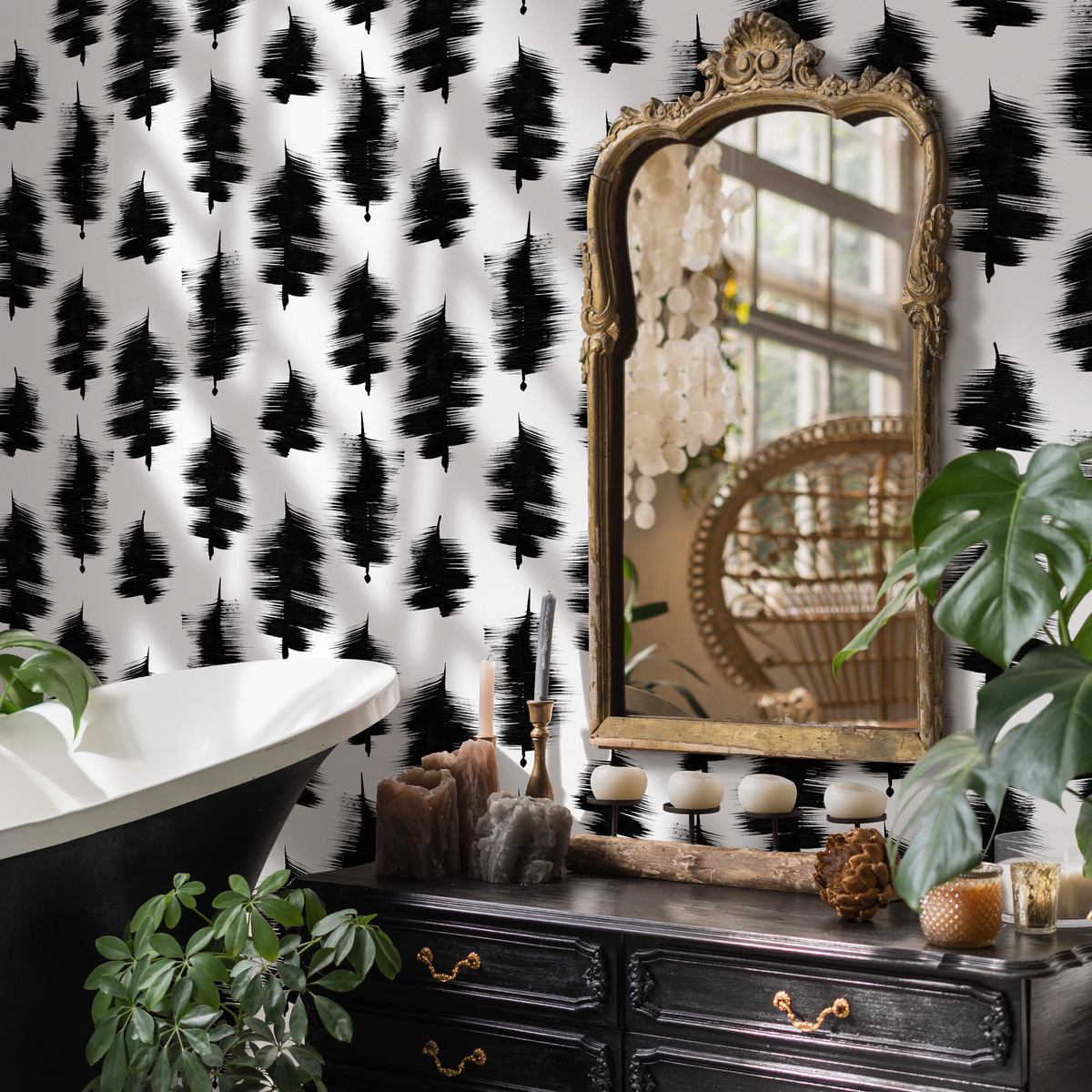Abstract Wallpaper with Expressive Brushstrokes in Black and White - detail view