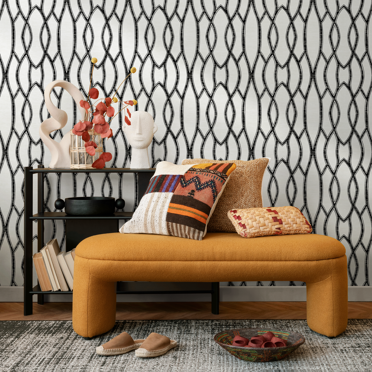 Geometric Wallpaper with an Interlocking Chain Motif in Black and White - detail view