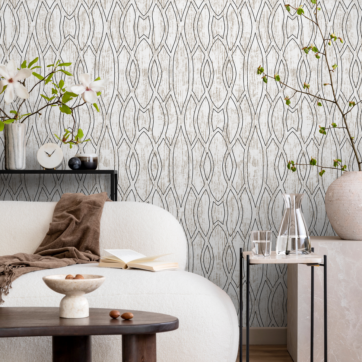 Geometric Wallpaper with Interlocking Lines in Black and Beige - detail view