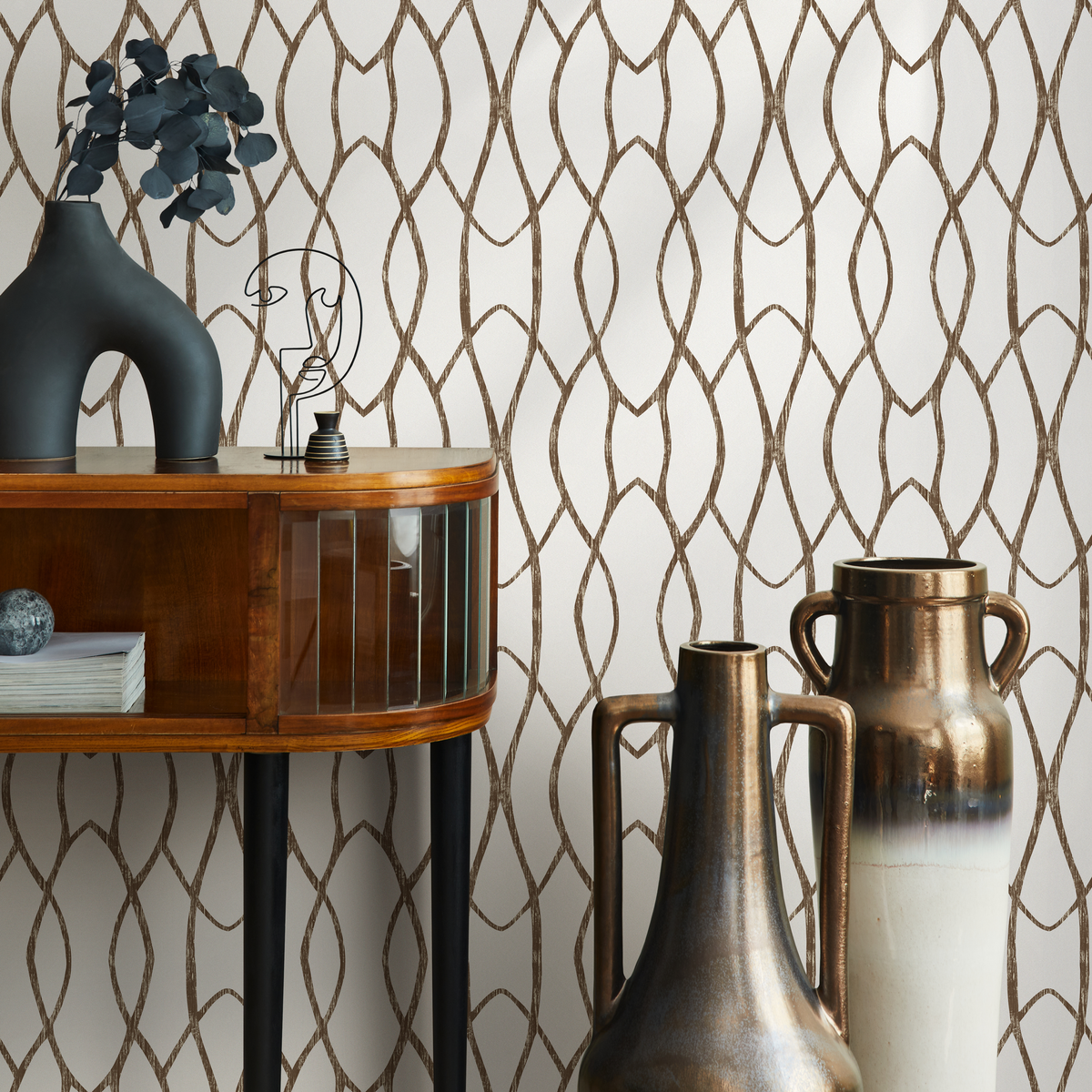 Geometric Wallpaper with Interlocking Wavy Lines in Brown and White - detail view
