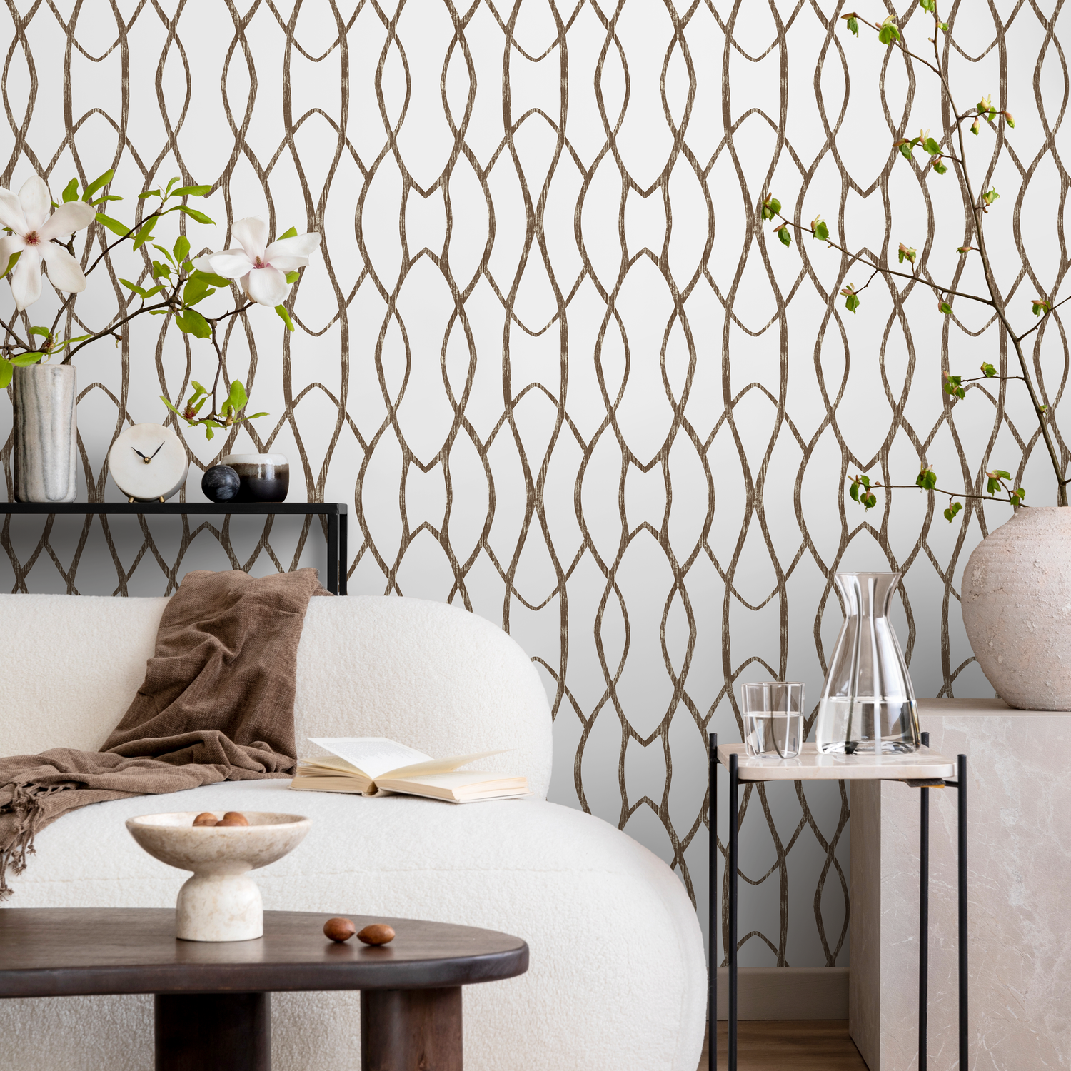 Papier peint moderne marron et blanc / Papier peint autocollant amovible Décoration d'intérieur Art mural Décoration murale Décoration de chambre - C889