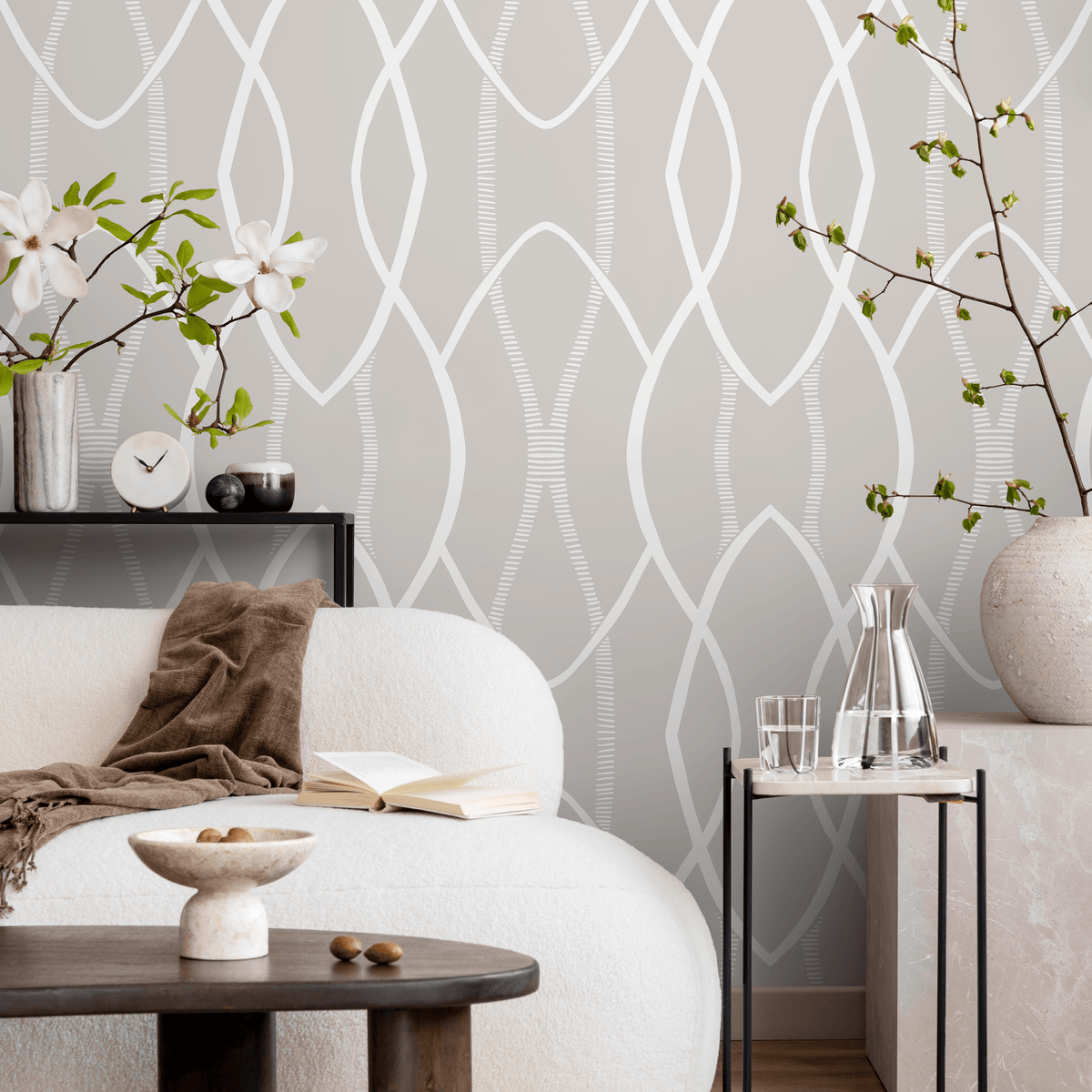 Abstract Wallpaper with a Boho Ogee Lattice in Greige and White - detail view