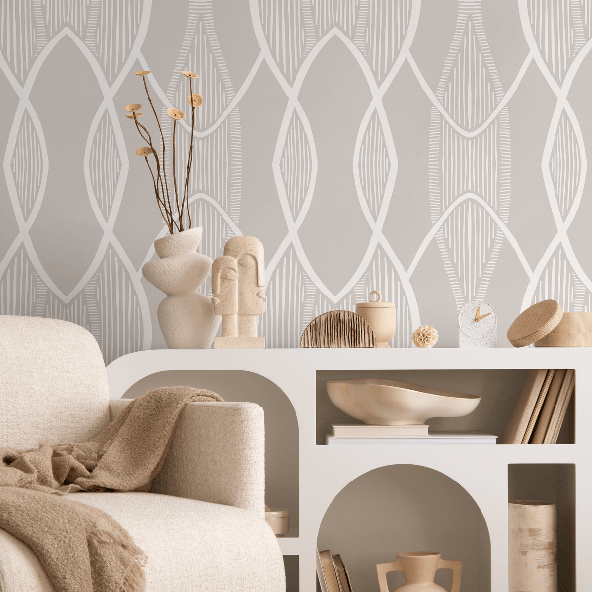 Geometric Wallpaper with a Hand-Drawn Arched Lattice in Greige and White - detail view