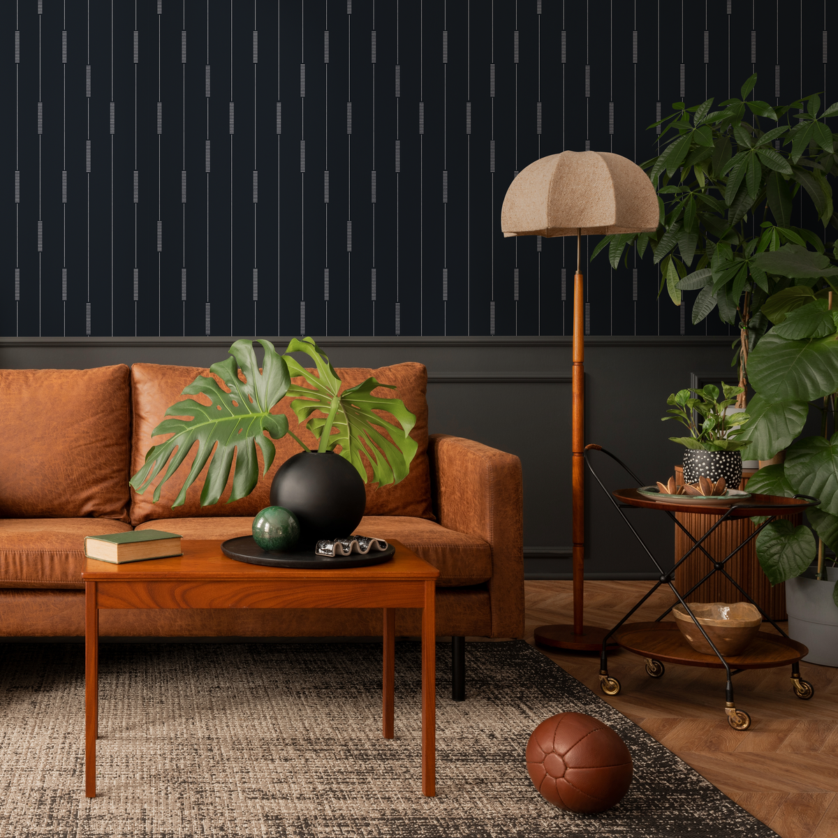 Striped Wallpaper with a Dashed Line Motif in Black and Gray - detail view