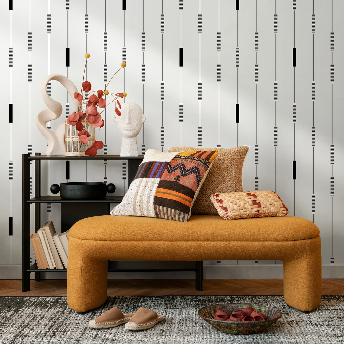 Geometric Wallpaper with a Rhythmic Linear Pattern in Black and White - detail view