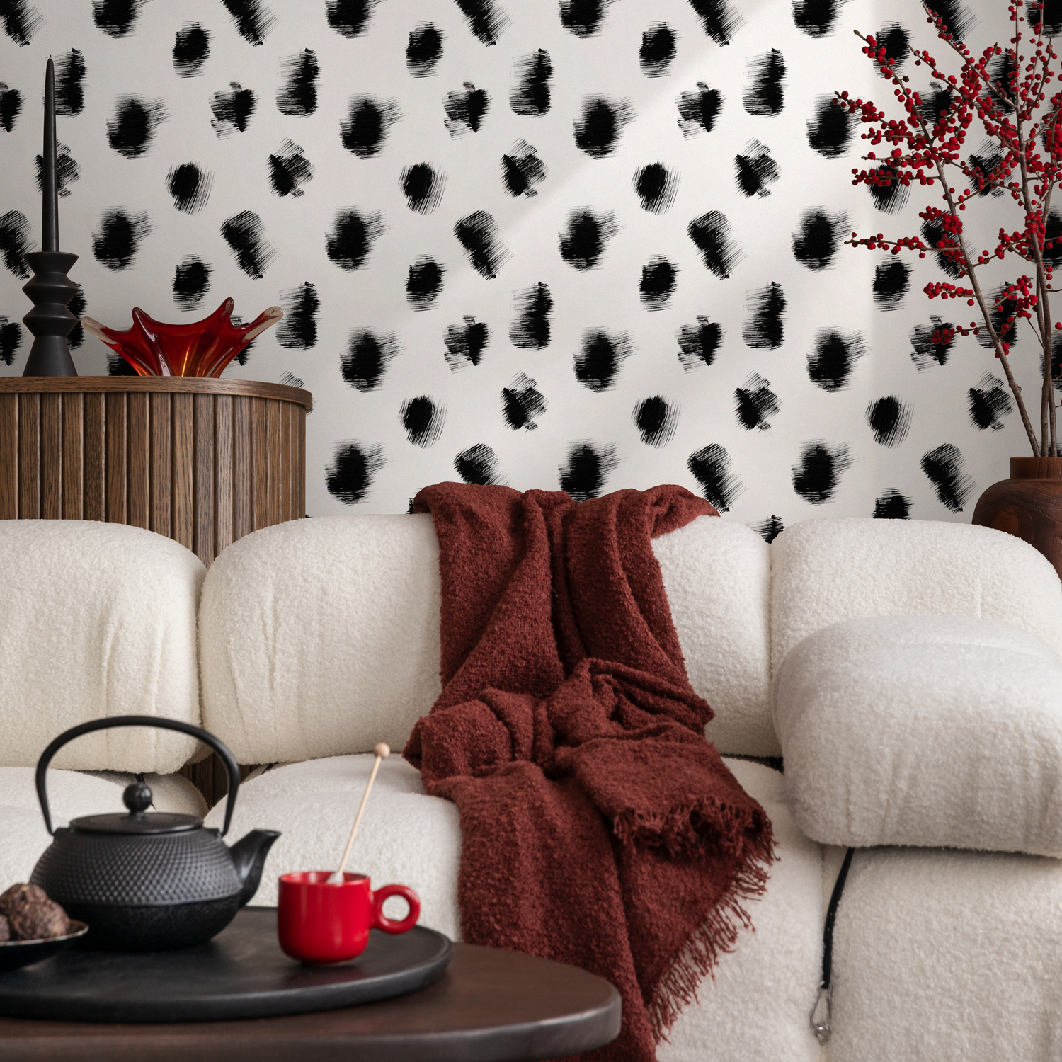 Papier peint à pois noirs et blancs / Papier peint autocollant amovible Décoration d'intérieur Art mural Décoration murale Décoration de chambre - C895