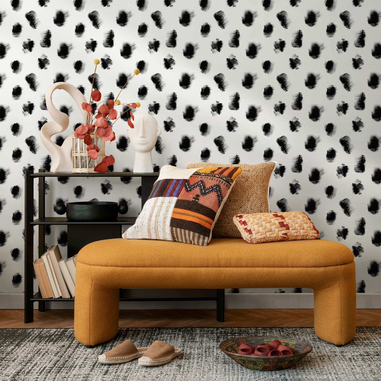 Papier peint à pois noirs et blancs / Papier peint autocollant amovible Décoration d'intérieur Art mural Décoration murale Décoration de chambre - C895