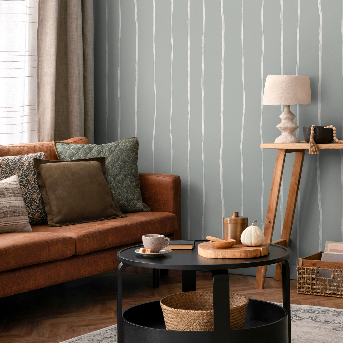 Striped Wallpaper with Hand-Drawn Lines in Mint Green and White - detail view