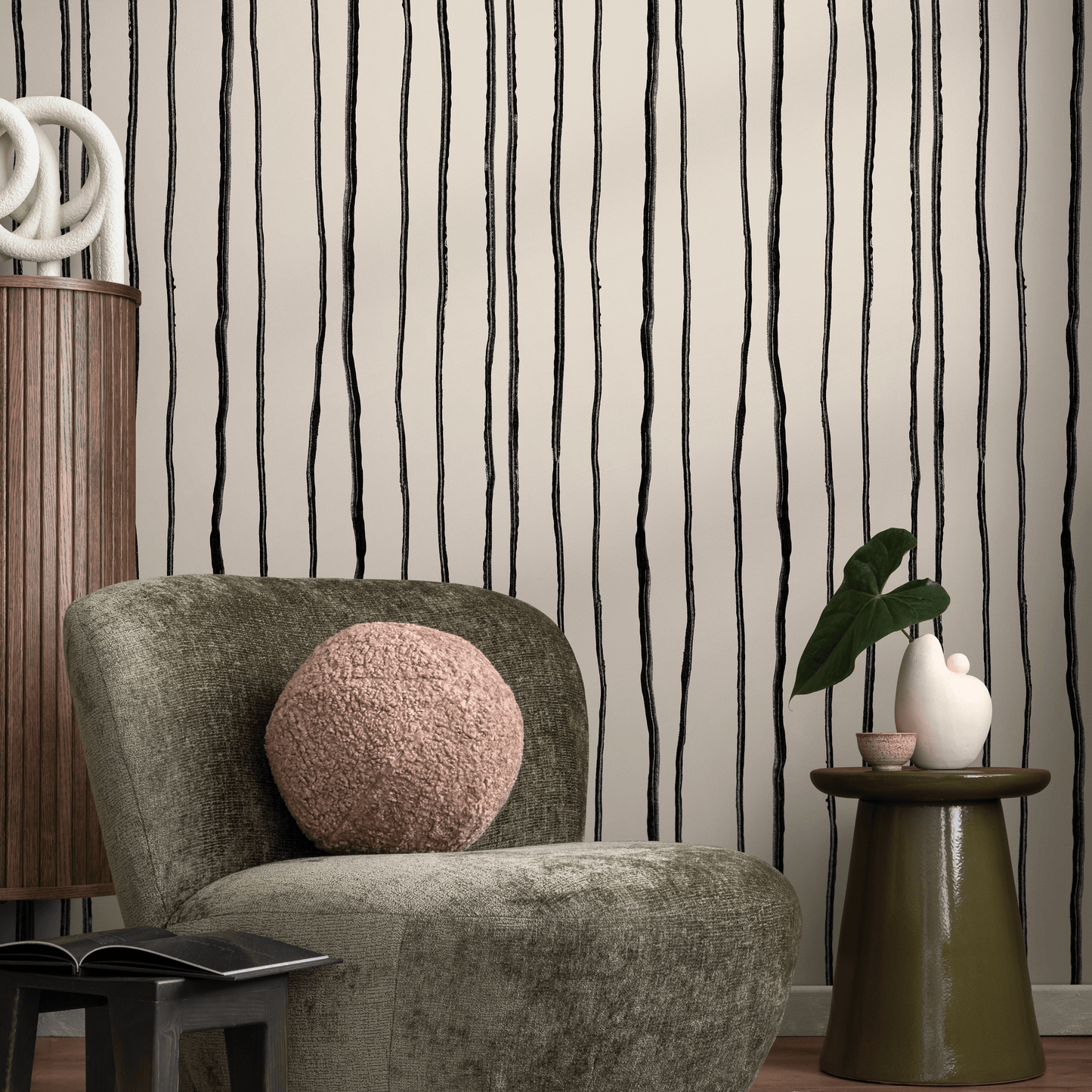 Black and Beige Boho Striped Wallpaper / Peel and Stick Wallpaper Removable Wallpaper Home Decor Wall Art Wall Decor Room Decor - C899