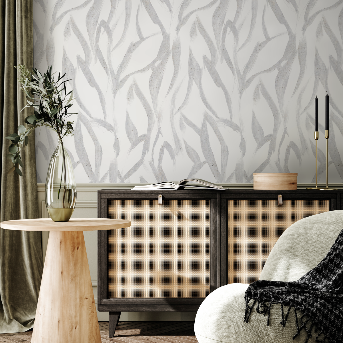 Modern Abstract Wallpaper with Flowing Leaf Motifs in Gray - detail view