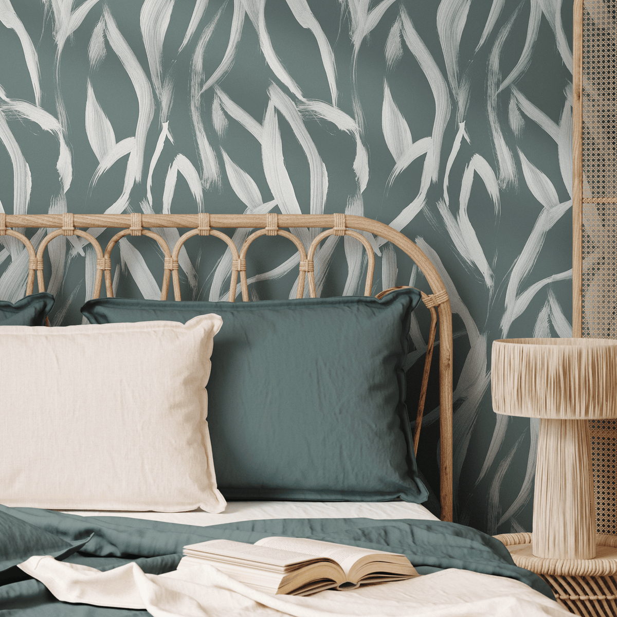 Modern Abstract Wallpaper with a Flowing Brushstroke Motif in Dark Green and White - detail view