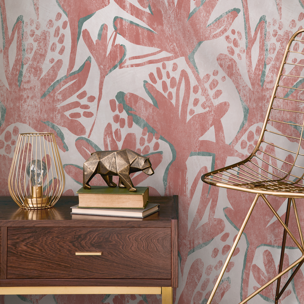 Floral Wallpaper with a Stylized Botanical Print in Pink and Teal - detail view