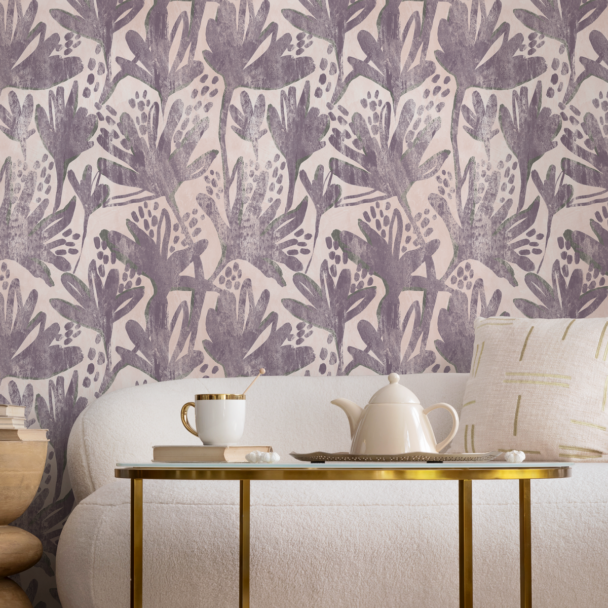 Floral Wallpaper with a Distressed Botanical Print in Purple and Pink - detail view