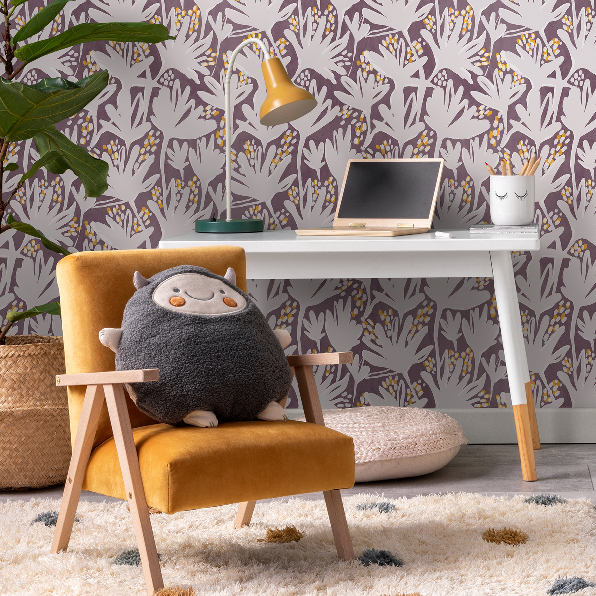 Abstract Wallpaper with a Stylized Floral Motif in Purple and Yellow - detail view