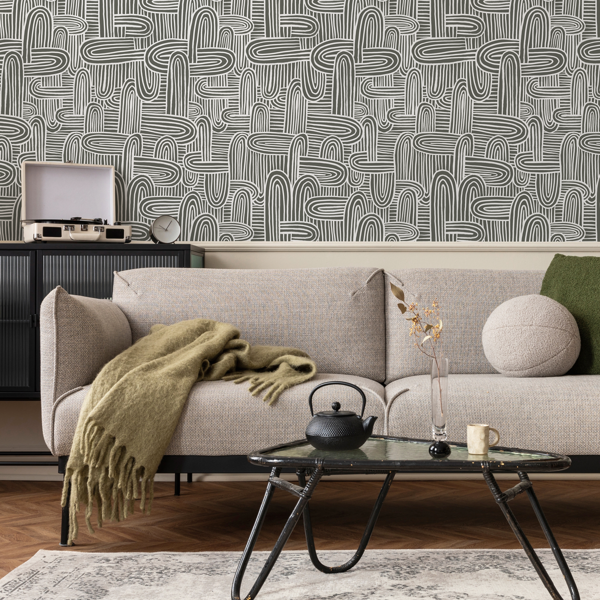 Abstract Wallpaper with Hand-Drawn Organic Lines in Gray Green and White - detail view
