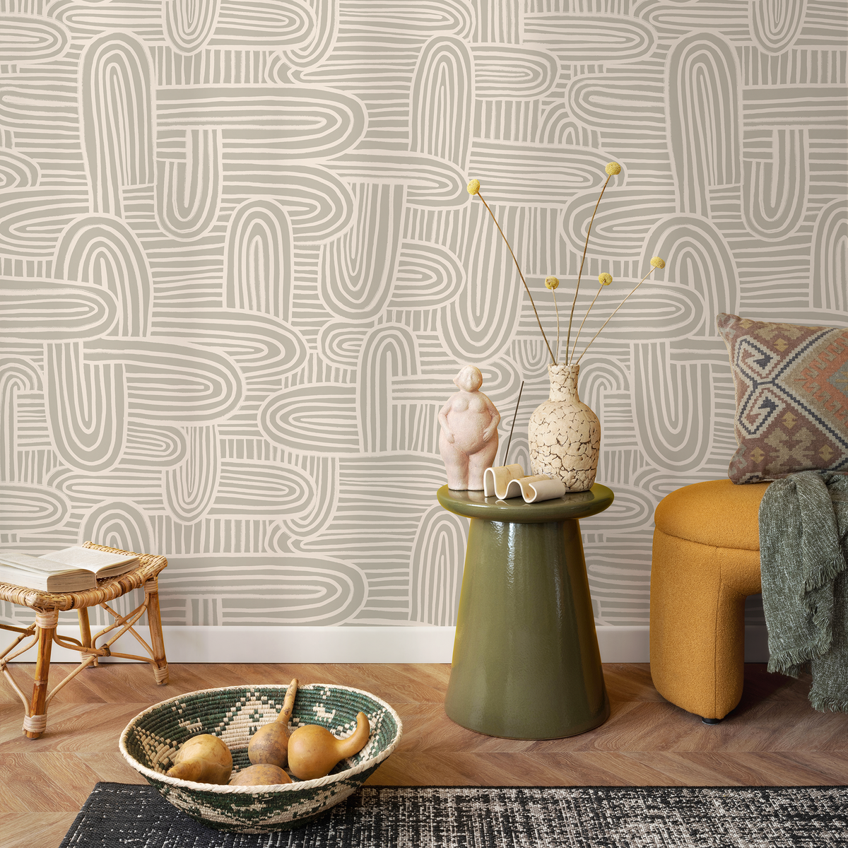 Modern Abstract Wallpaper with Hand-Drawn Arches in Beige and Cream - detail view