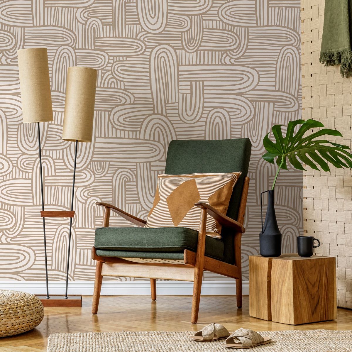 Abstract Wallpaper with Organic Brush Stroke Arches in Beige and Cream - detail view