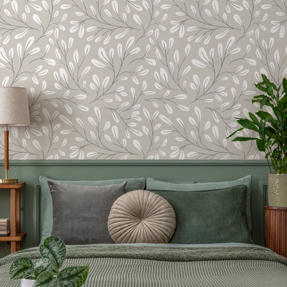 Neutral Boho Leaf Wallpaper / Peel and Stick Wallpaper Removable Wallpaper Home Decor Wall Art Wall Decor Room Decor - C910