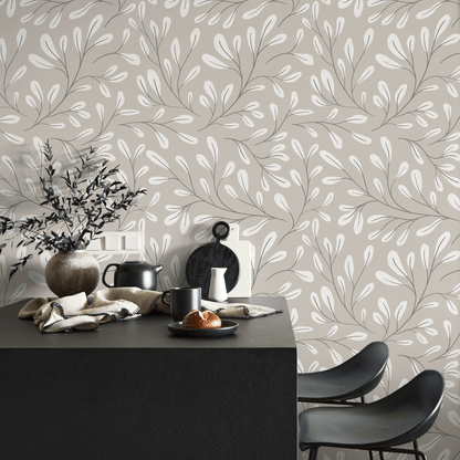 Neutral Boho Leaf Wallpaper / Peel and Stick Wallpaper Removable Wallpaper Home Decor Wall Art Wall Decor Room Decor - C910