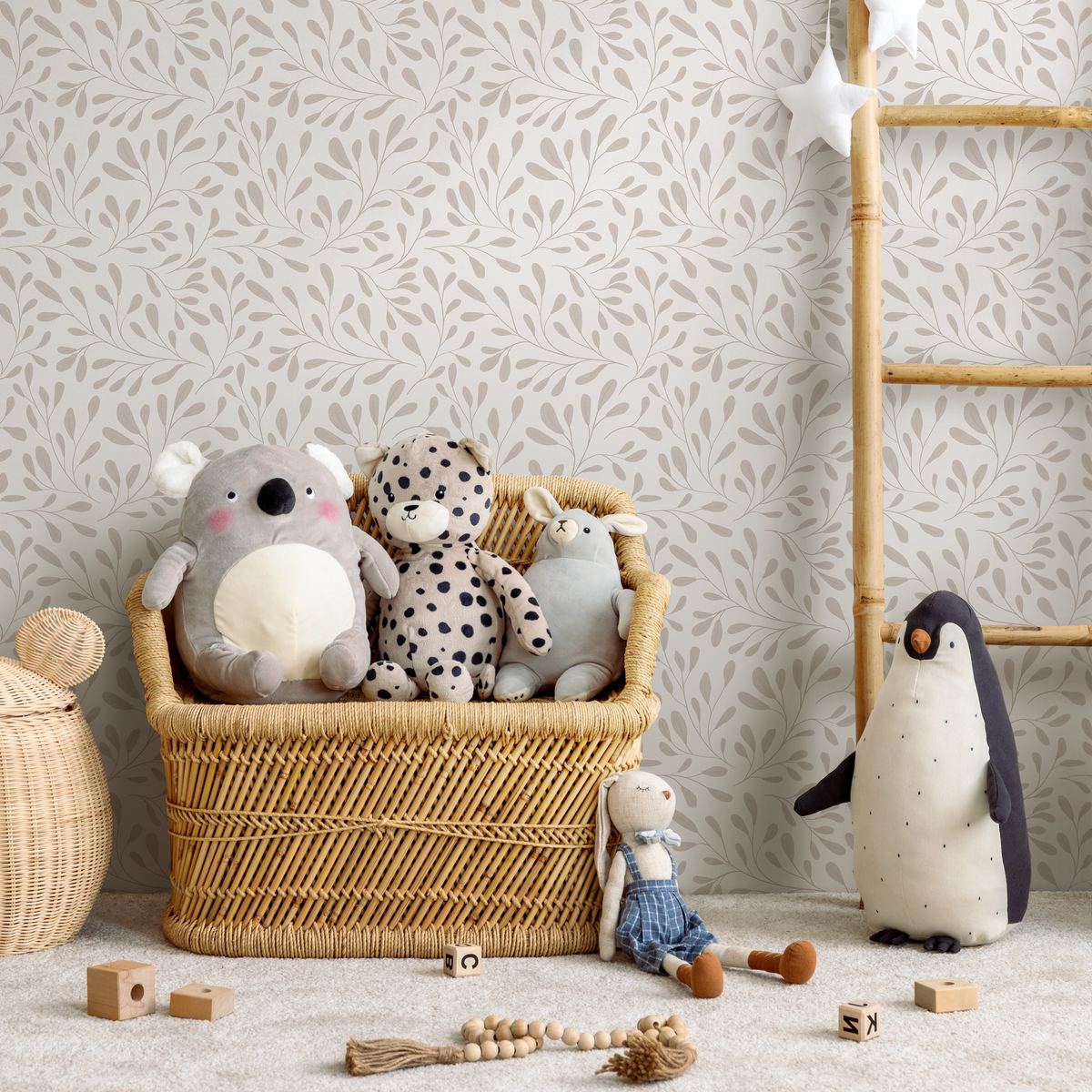 Leaf Wallpaper with a Delicate Vine Motif in Beige - detail view
