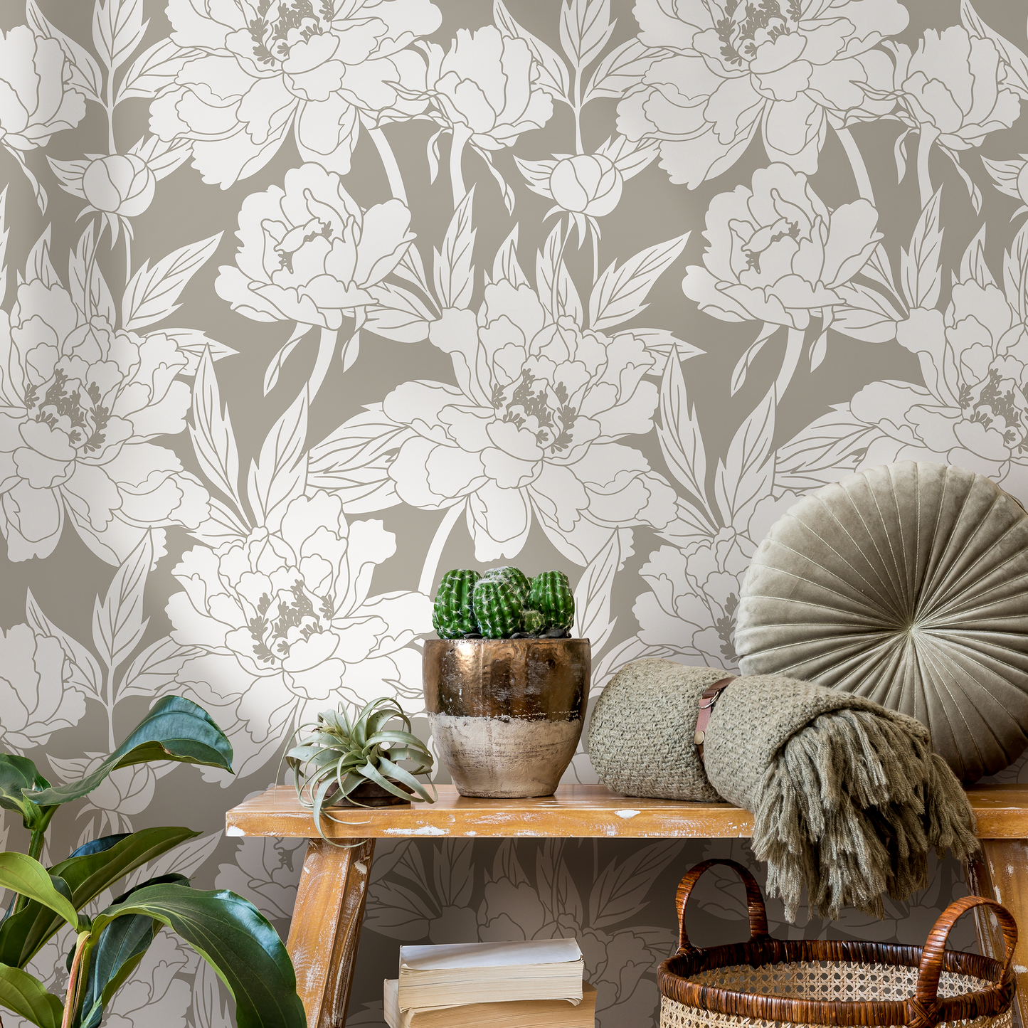 Neutral Boho Floral Wallpaper / Peel and Stick Wallpaper Removable Wallpaper Home Decor Wall Art Wall Decor Room Decor - C915