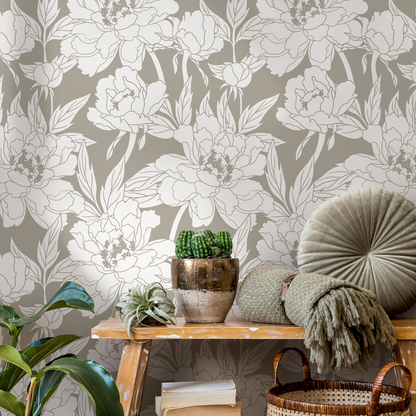 Neutral Boho Floral Wallpaper / Peel and Stick Wallpaper Removable Wallpaper Home Decor Wall Art Wall Decor Room Decor - C915