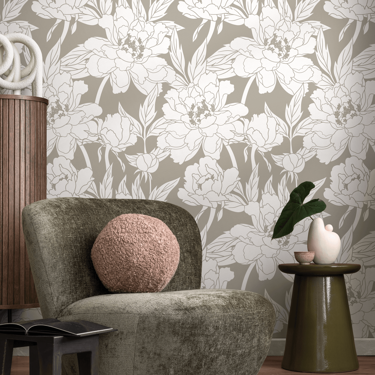 Neutral Boho Floral Wallpaper / Peel and Stick Wallpaper Removable Wallpaper Home Decor Wall Art Wall Decor Room Decor - C915