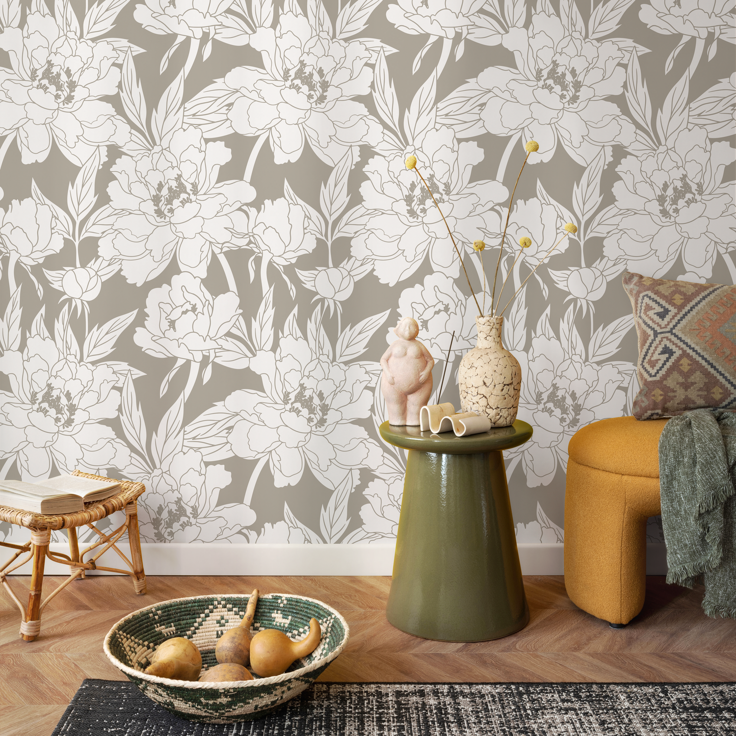 Neutral Boho Floral Wallpaper / Peel and Stick Wallpaper Removable Wallpaper Home Decor Wall Art Wall Decor Room Decor - C915 - ONDECOR.COM