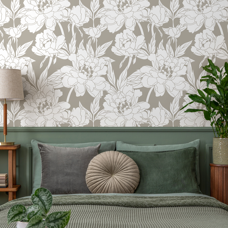 Floral Wallpaper Featuring Peony Line Art in Taupe and White - C915 0 $5.00 USD From $0.00 USD Unit price / per