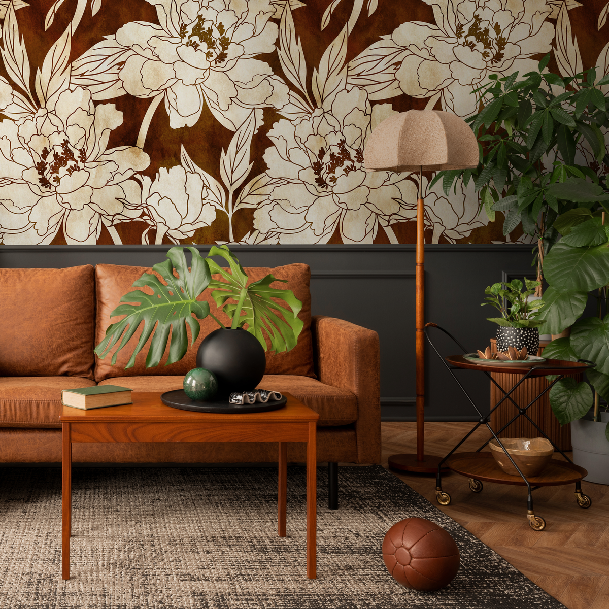 Floral Wallpaper with Large Scale Line Art Peonies in Brown and Beige - detail view
