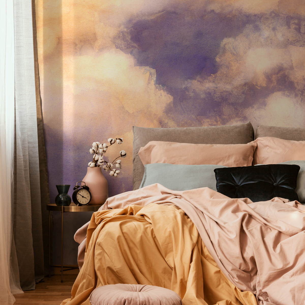 Watercolor Wallpaper with a Soft Cloud Effect in Purple, Orange, and Yellow - detail view