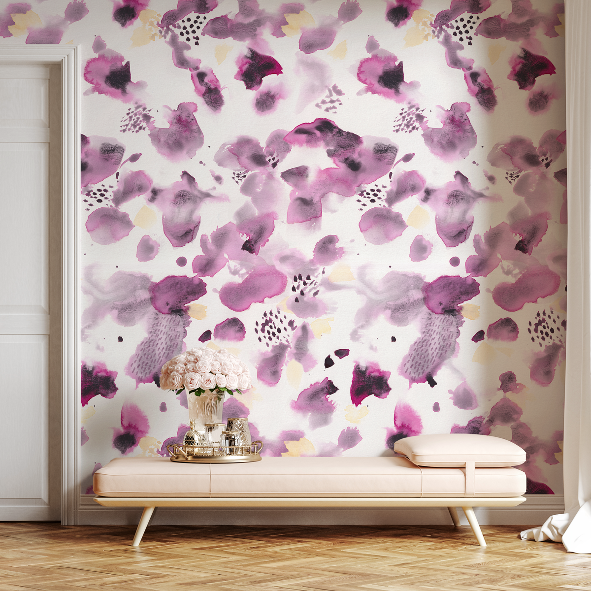 Abstract Wallpaper with Artistic Watercolor Splashes in Purple and Black - detail view