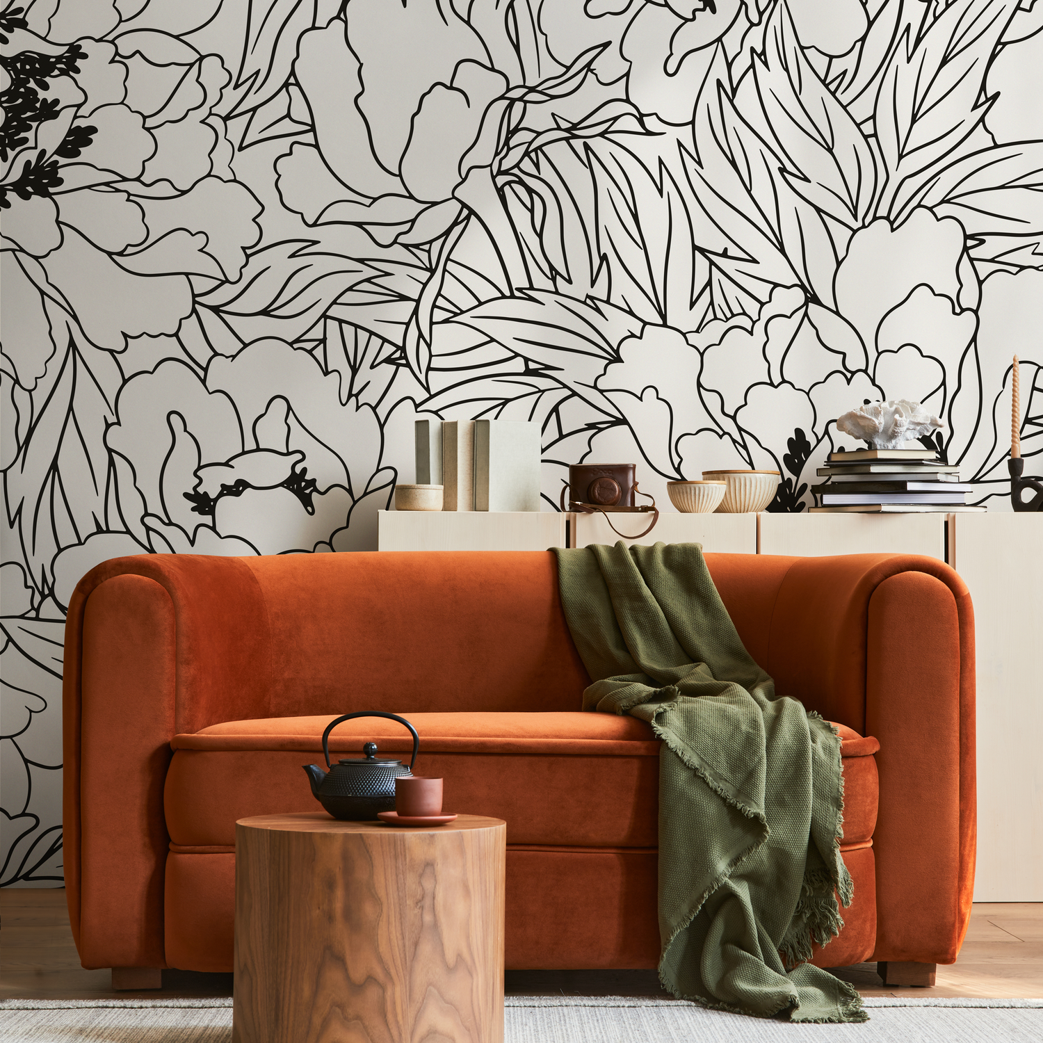 Papier peint à grandes fleurs noir et blanc / Papier peint autocollant amovible Décoration d'intérieur Art mural Décoration murale Décoration de chambre - C919
