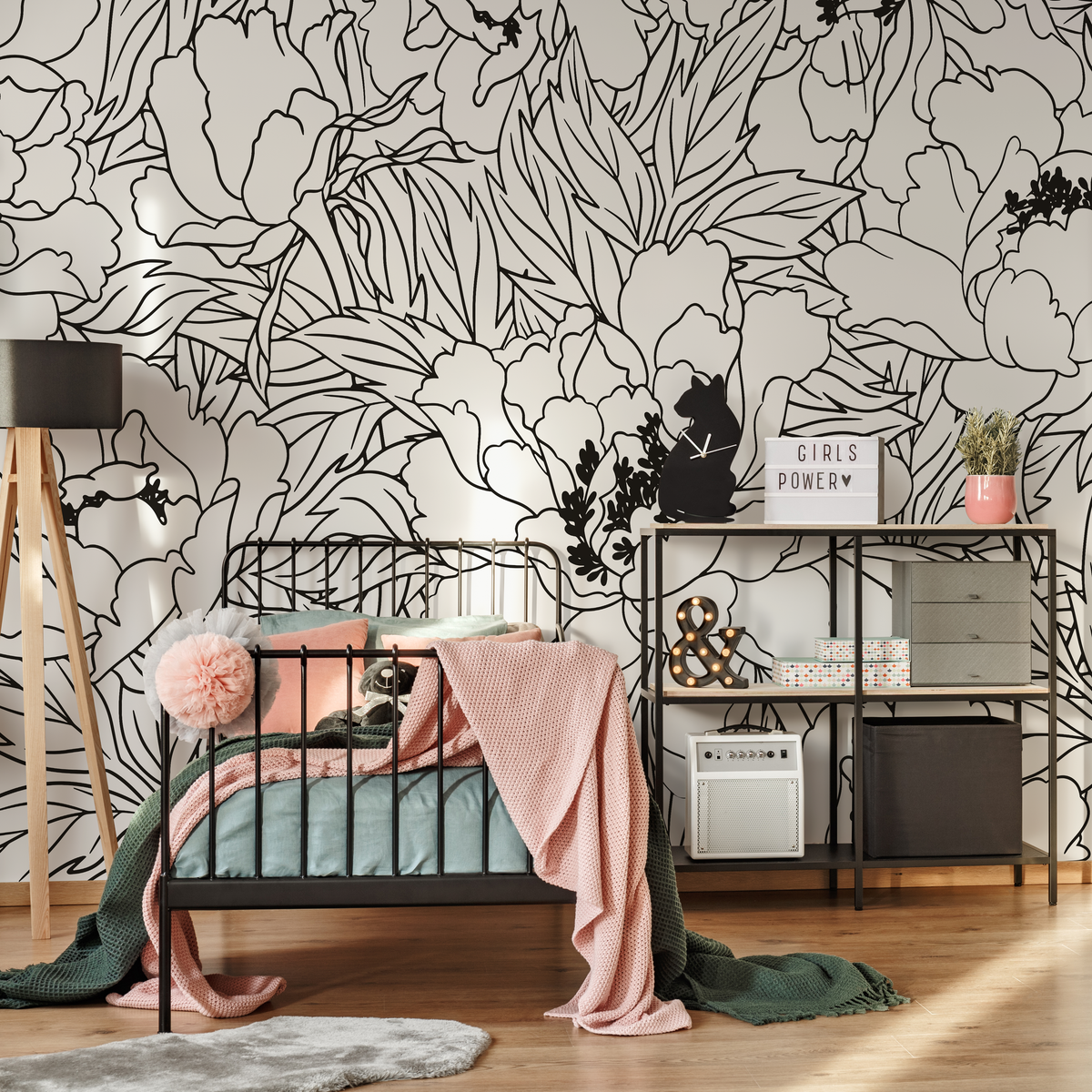 Floral Wallpaper with Large-Scale Peony Line Art in Black and Off-White - detail view