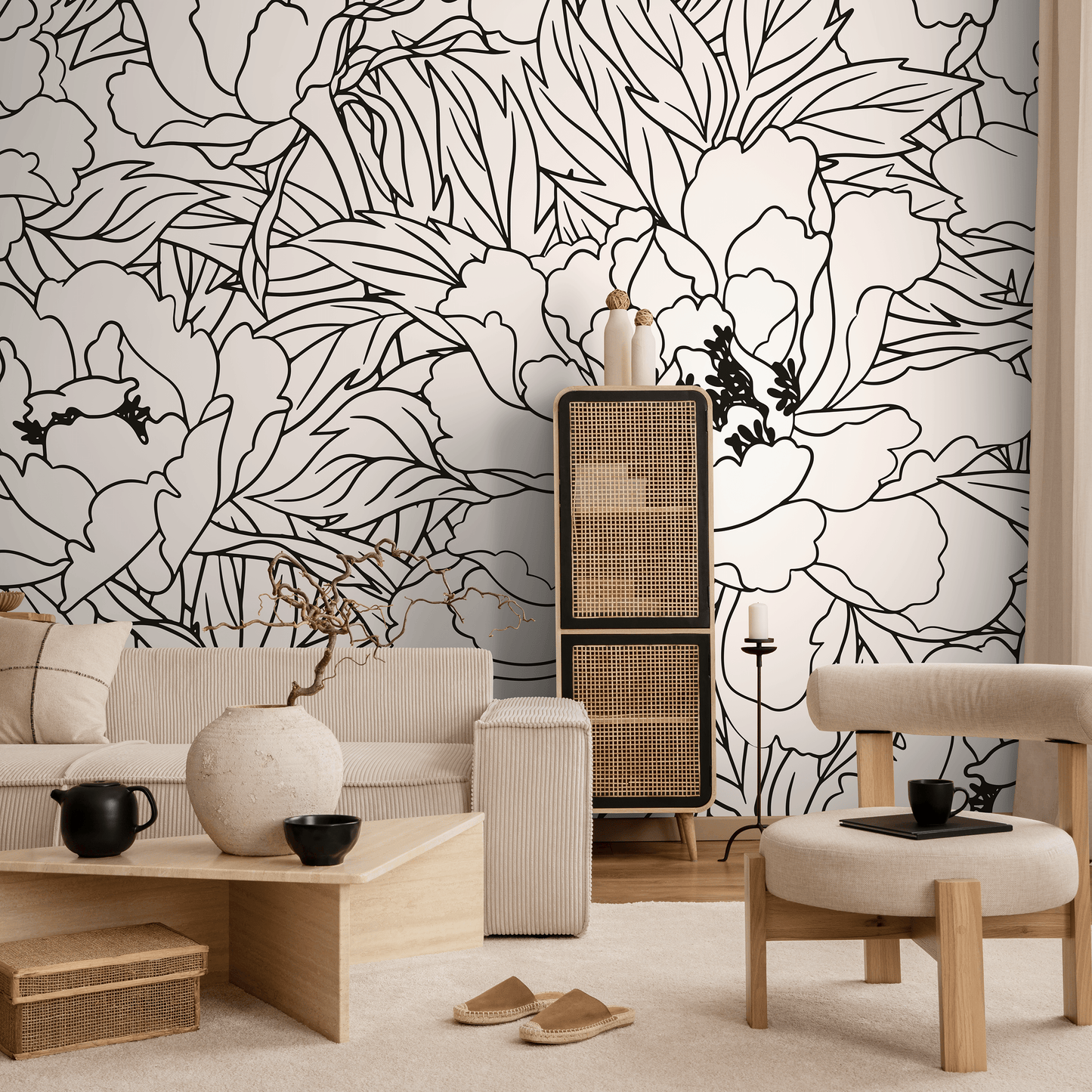 Black and White Large Floral Wallpaper / Peel and Stick Wallpaper Removable Wallpaper Home Decor Wall Art Wall Decor Room Decor - C919