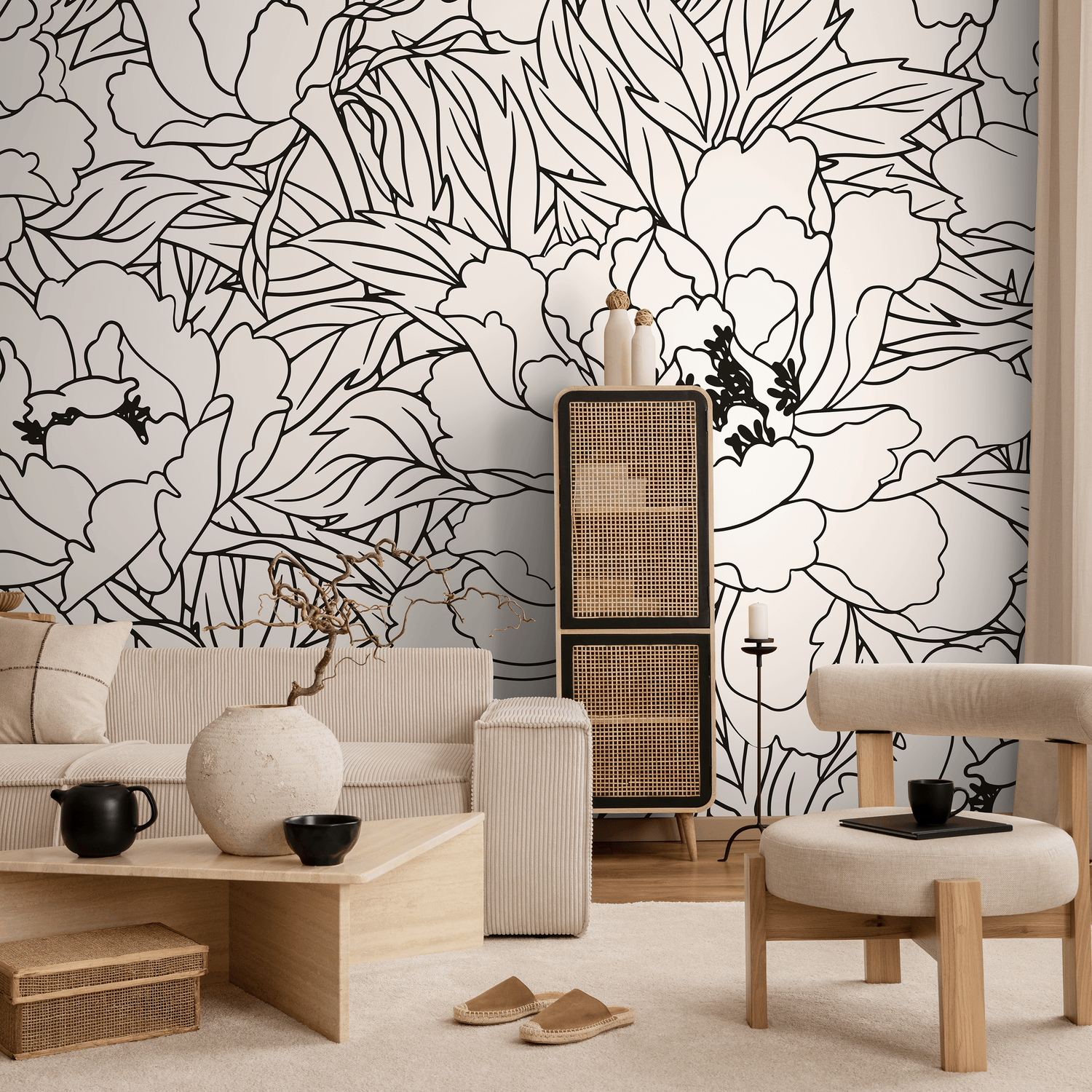 Papier peint à grandes fleurs noir et blanc / Papier peint autocollant amovible Décoration d'intérieur Art mural Décoration murale Décoration de chambre - C919
