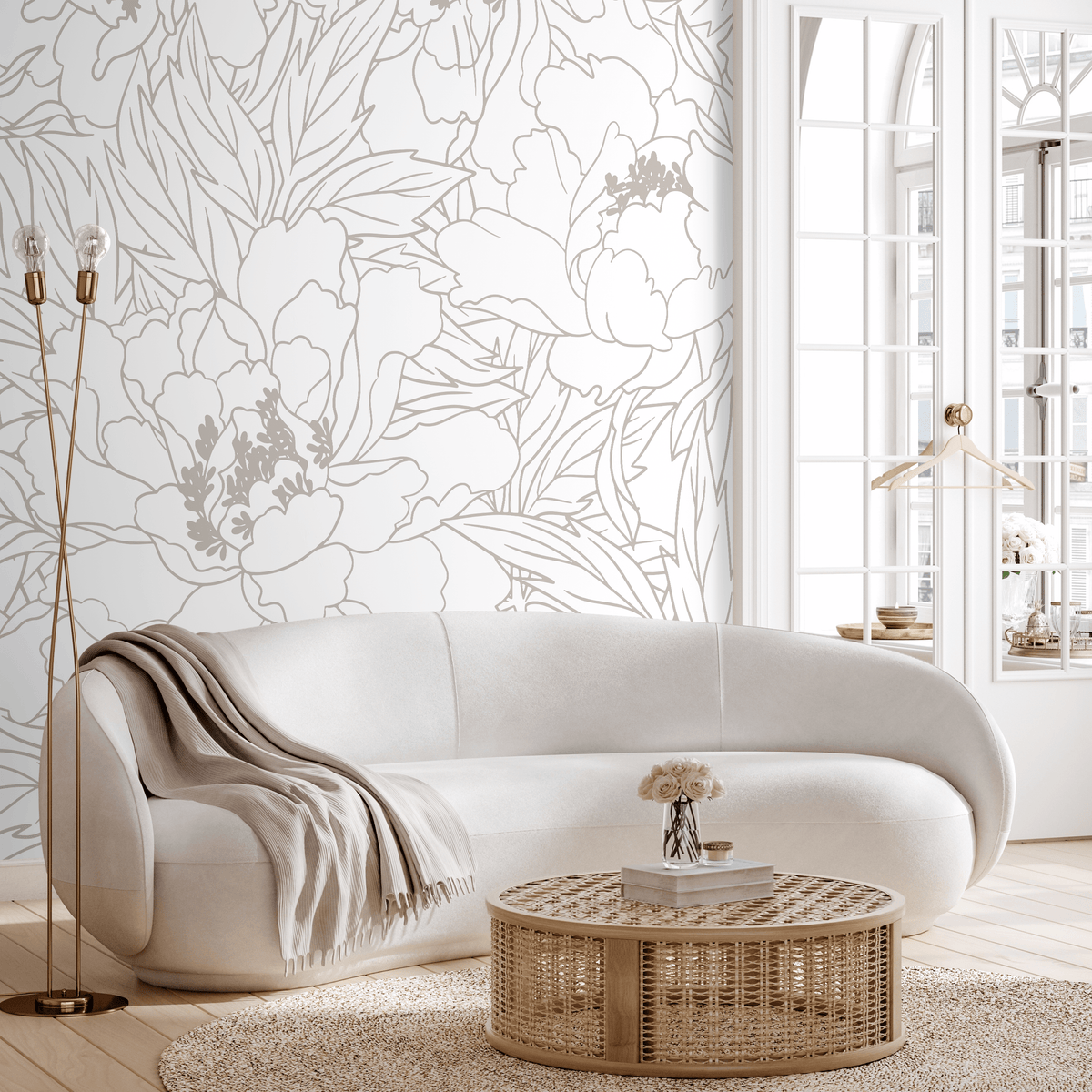 Floral Wallpaper with Large Peony Line Art in Neutral Greige - detail view