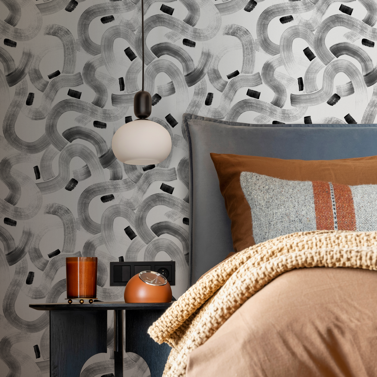 Modern Abstract Wallpaper with Meandering Brush Strokes in Black and White - detail view