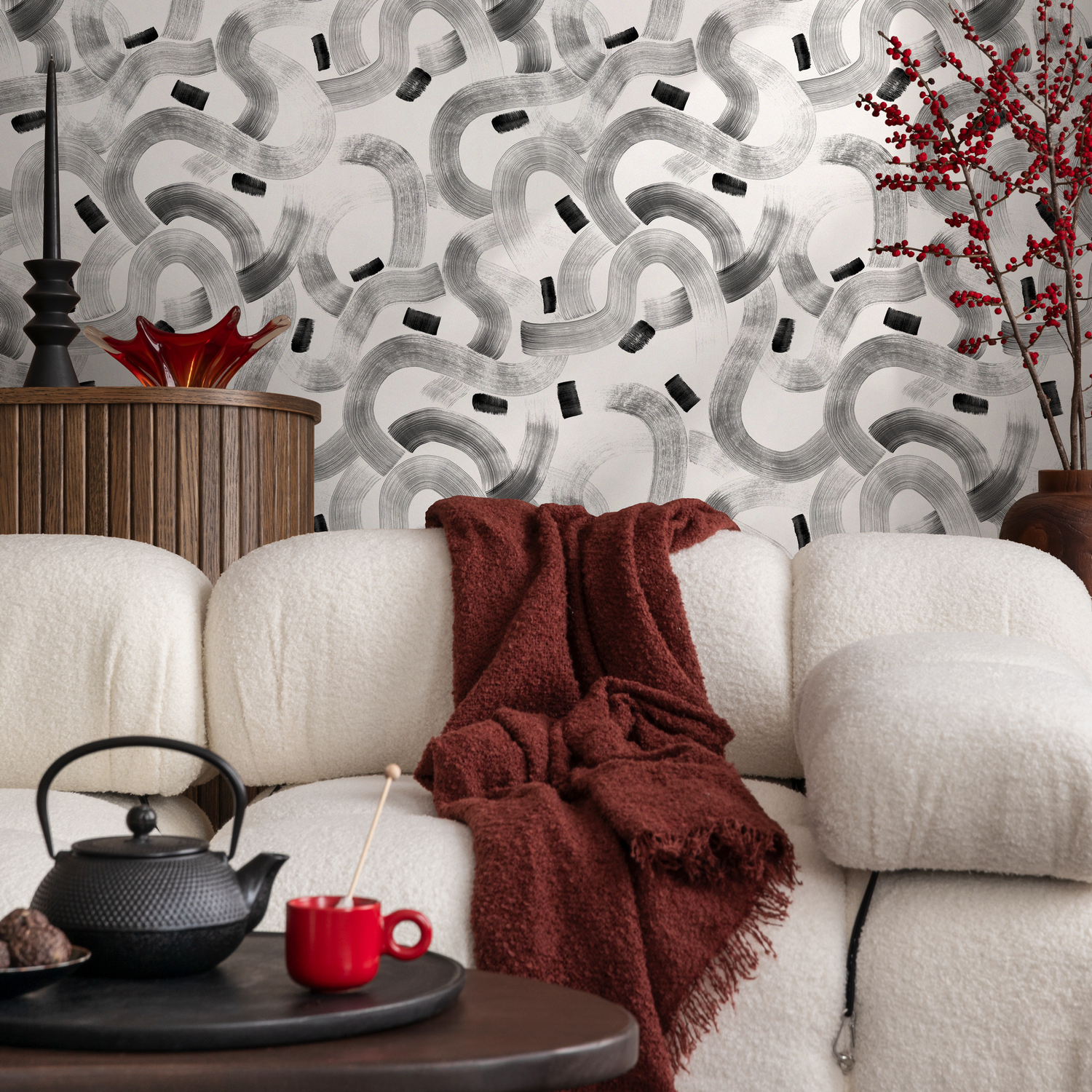 Papel pintado abstracto con pincel en blanco y negro / Papel pintado autoadhesivo / Papel pintado extraíble / Decoración del hogar / Arte de pared / Decoración de habitación - C921