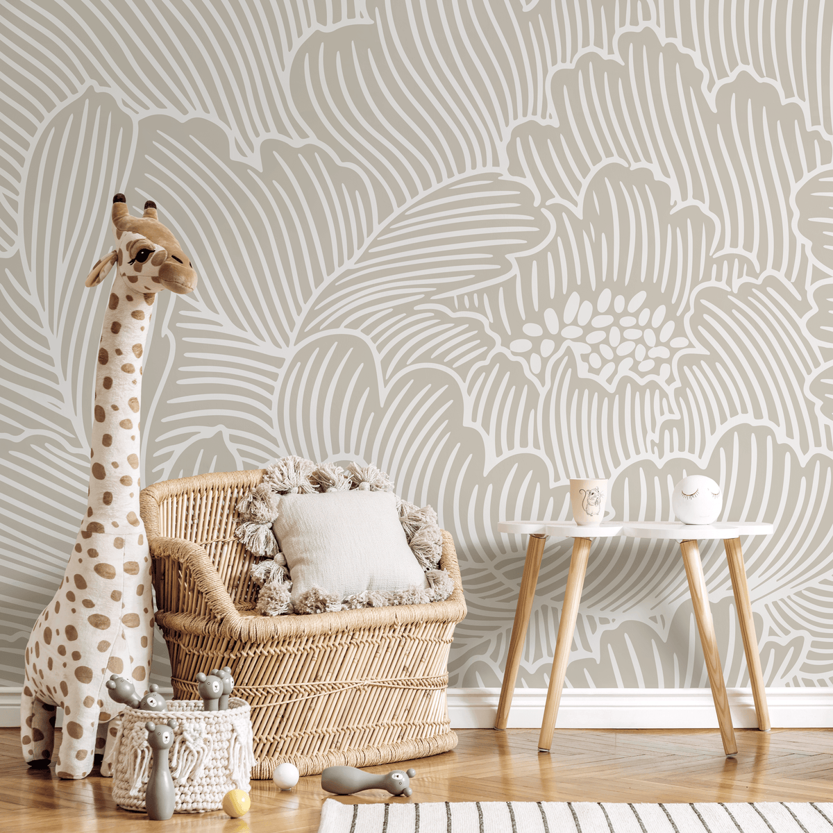 Minimalist Floral Wallpaper with a Large Peony Line Art Motif in Beige and White - detail view