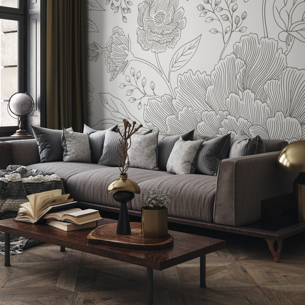 Minimalist Large-Scale Peony Floral Wallpaper in Gray - detail view