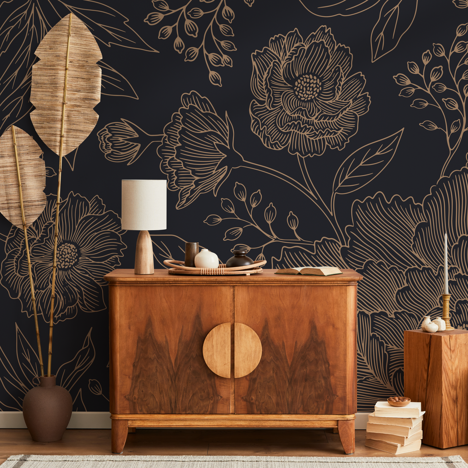 Black and Gold Large Floral Wallpaper / Peel and Stick Wallpaper Removable Wallpaper Home Decor Wall Art Wall Decor Room Decor - C925 - ONDECOR.COM